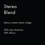 Text on a black background describing a coffee blend with flavors and origins.