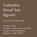 Text description of Colombia Decaf San Agustin coffee on a brown background