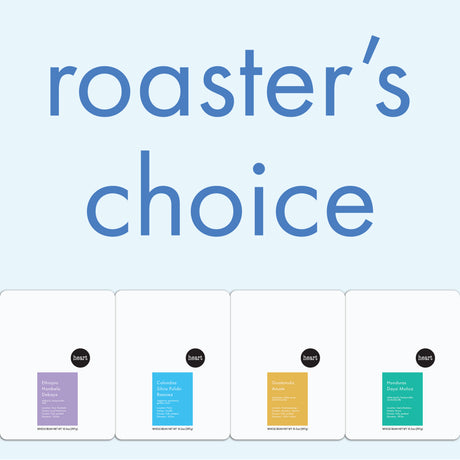 roasters choice subscription. picture of 4 10.5oz coffees. a variety. 