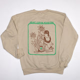 Beige sweatshirt with a graphic design on the back featuring a bird, flowers, and a coffee cup, with 'Heart Coffee Roasters' text.